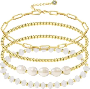 Gold Pearl Crystal Beaded Bracelets Set for Women, Stretch Adjustable Stackable Bracelet for Women Trendy Jewelry