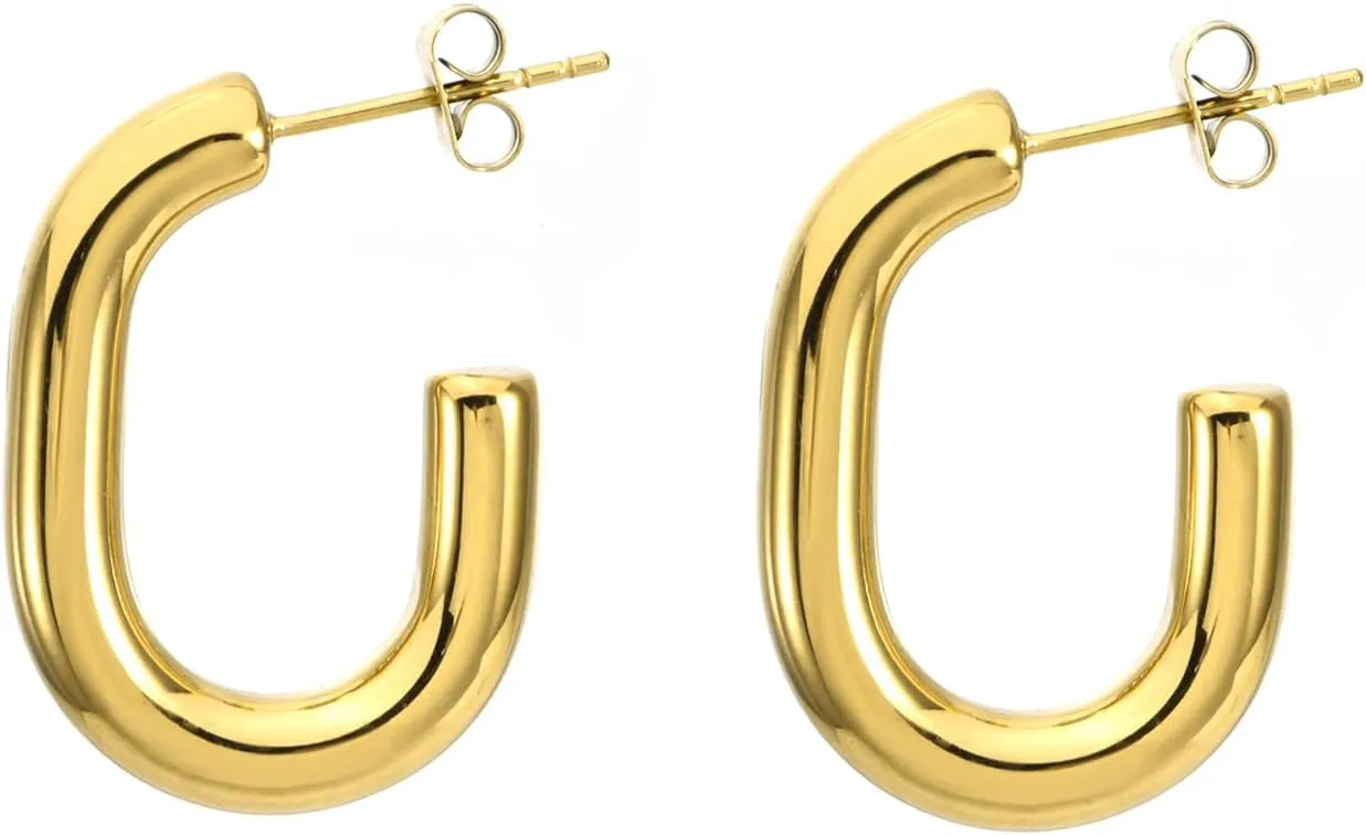 Gold Plated Chunky Hoop Earrings for Women, 14K, Hypoallergenic, Open Huggie Style