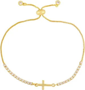 Gold Plated Cross Tennis Bracelet Crystal Cubic Zirconia Faith Blessed Adjustable Link Chain Slider Bracelets Delicate Jewelry Gifts for Women Prayer