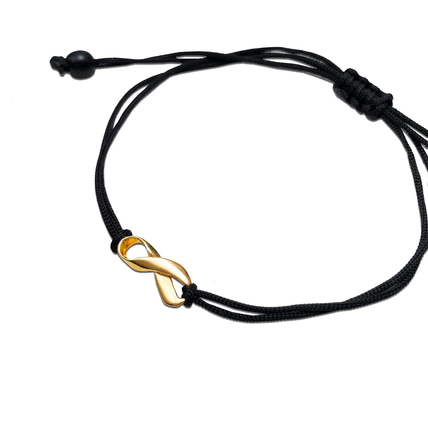 Gold Ribbon Support Friendship Bracelet, September Childhood Cancer Awareness Month, Handmade Small 18K Gold Plated Ribbon Shaped Charm with Black Adjustable Thread Cord GO GOLD