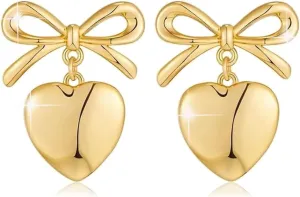 Gold Silver Bow Earrings for Women 14K Gold Plated Heart Dangle Drop Earrings Charm Ribbon Bow Stud Earring Trendy Hypoallergenic Earring Prom Jewelry