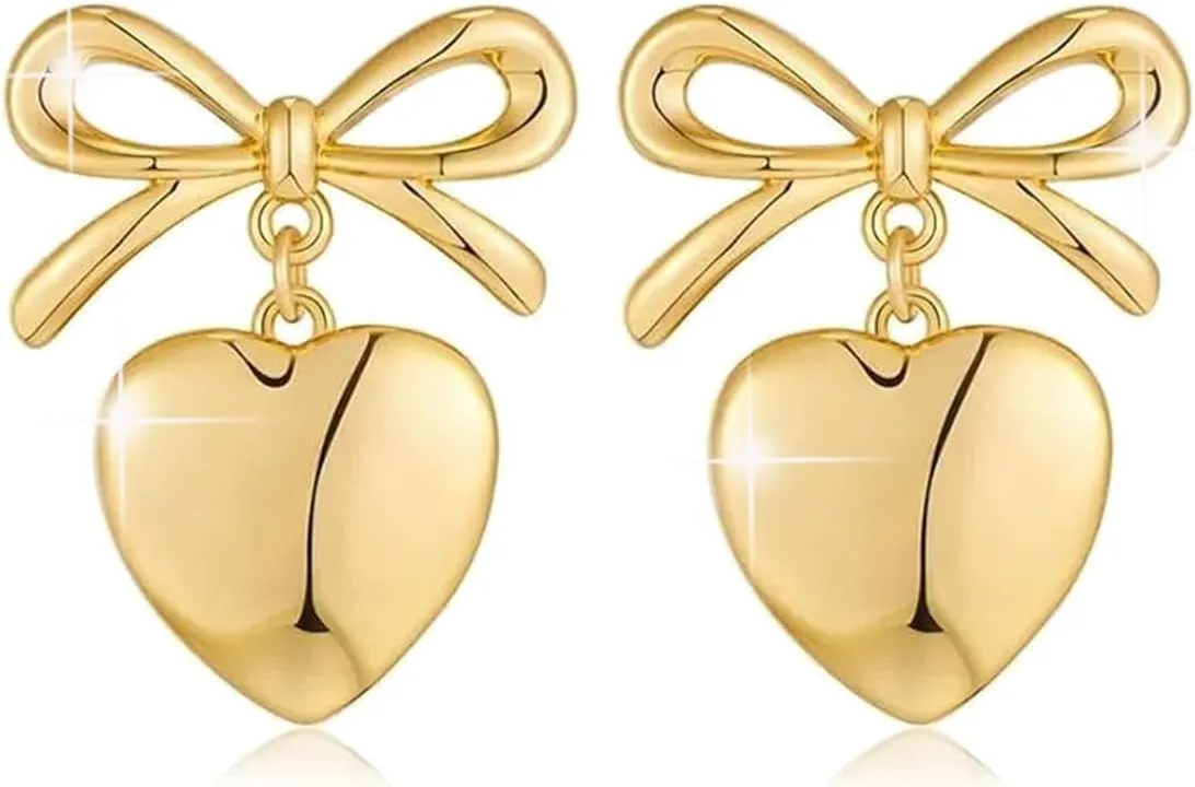 Gold Silver Bow Earrings for Women 14K Gold Plated Heart Dangle Drop Earrings Charm Ribbon Bow Stud Earring Trendy Hypoallergenic Earring Prom Jewelry