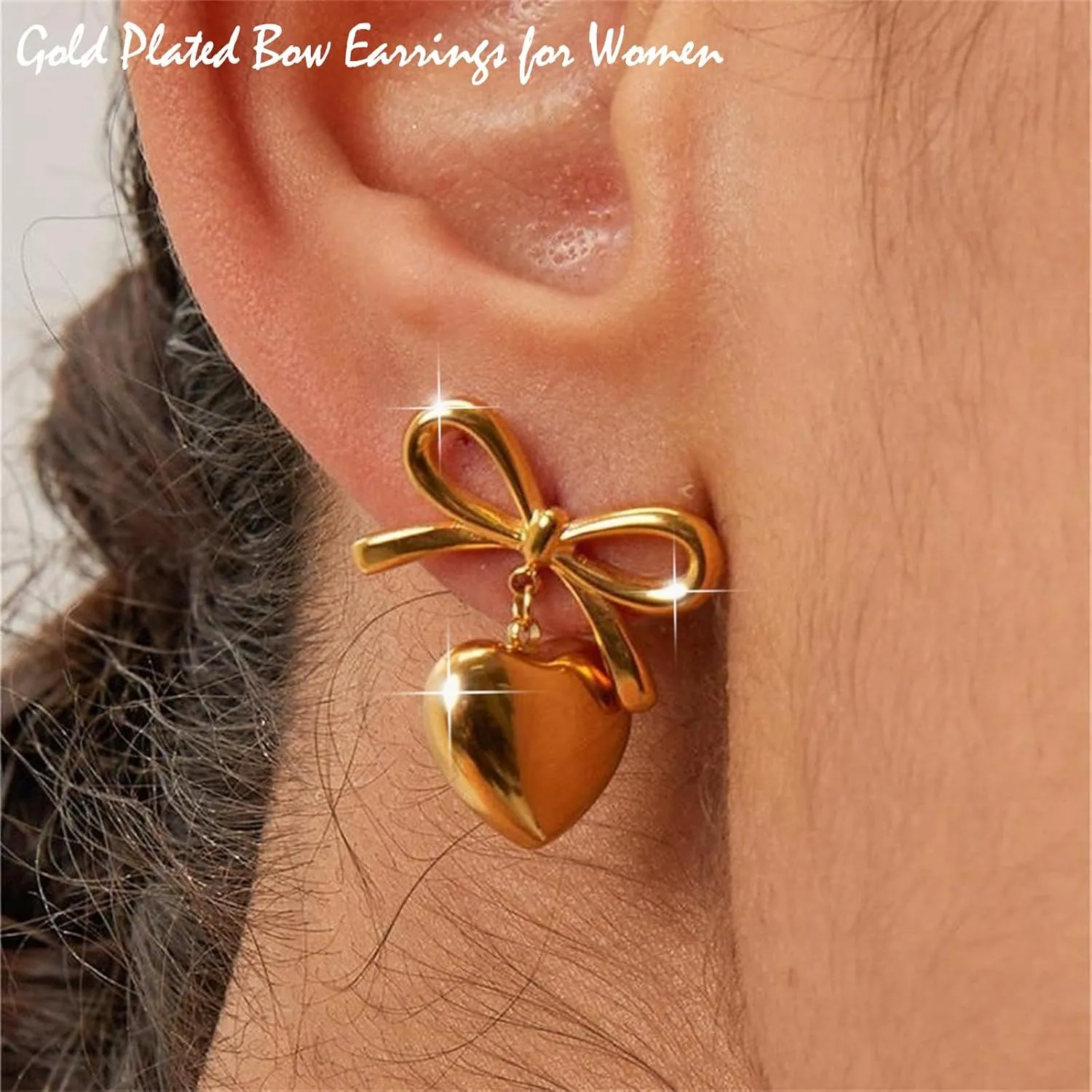 Gold Silver Bow Earrings for Women 14K Gold Plated Heart Dangle Drop Earrings Charm Ribbon Bow Stud Earring Trendy Hypoallergenic Earring Prom Jewelry