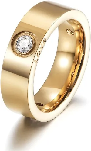 Gold Statement Rings for Women with CZ Wide Bands LOVE Engraved Rings for Unisex Adult Fashion Stainless Steel Chunky Enhancer Finger Jewelry (Masterpiece, 8)