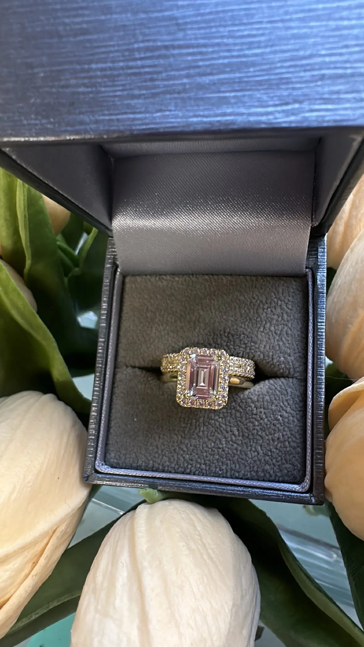 GOLD Sterling Silver Princess Emerald Cut Ring Set