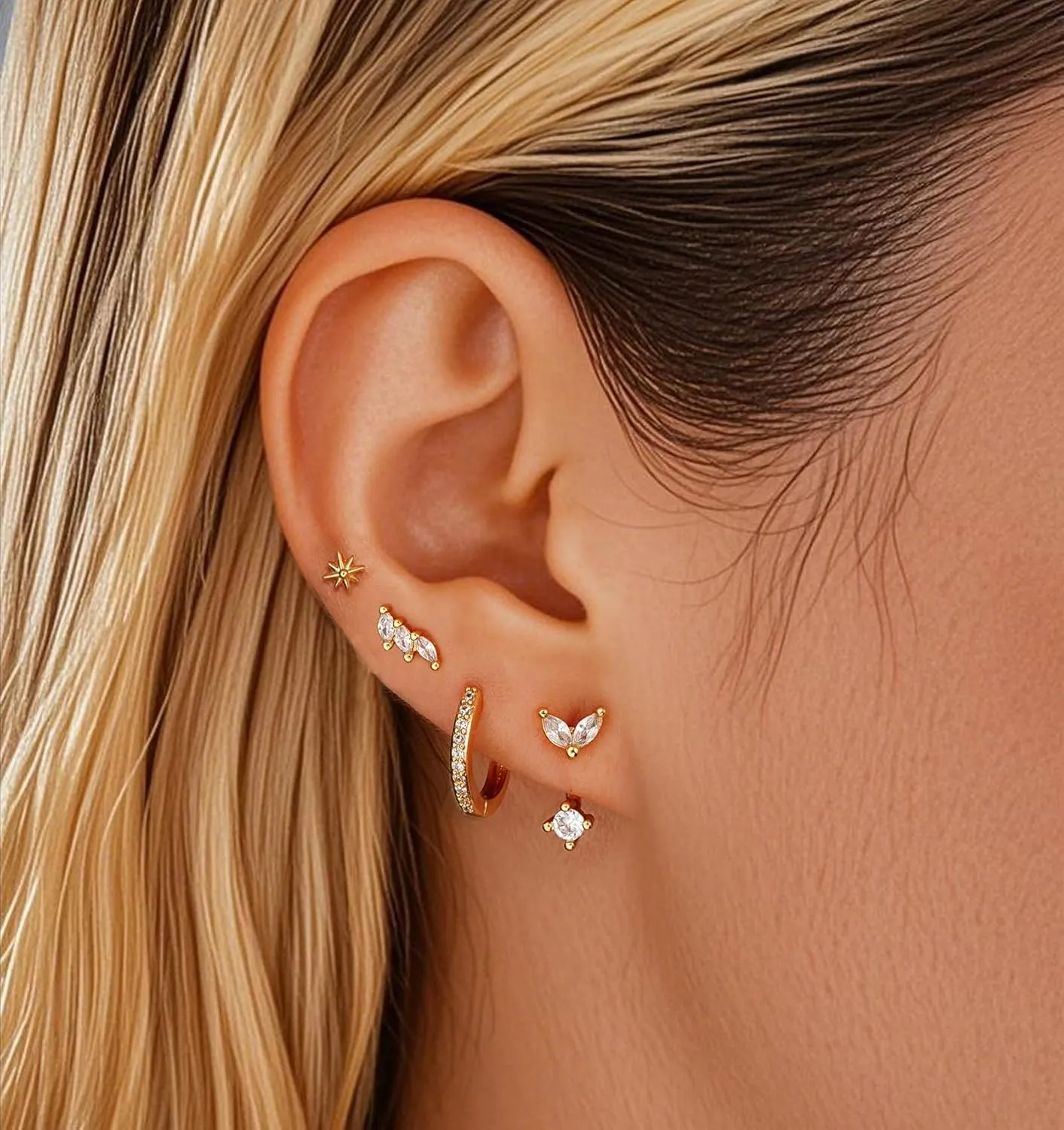 Gold Stud Earrings for Women, 6 Pairs 14K Hypoallergenic Cartilage Earrings for Multiple Piercing, Dainty Small Stackable Hoop Ball Earrings Set