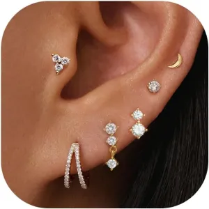 Gold Stud Earrings for Women, 6 Pairs 14K Hypoallergenic Cartilage Earrings for Multiple Piercing, Dainty Small Stackable Hoop Ball Earrings Set