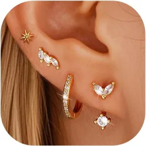 Gold Stud Earrings for Women, 6 Pairs 14K Hypoallergenic Cartilage Earrings for Multiple Piercing, Dainty Small Stackable Hoop Ball Earrings Set