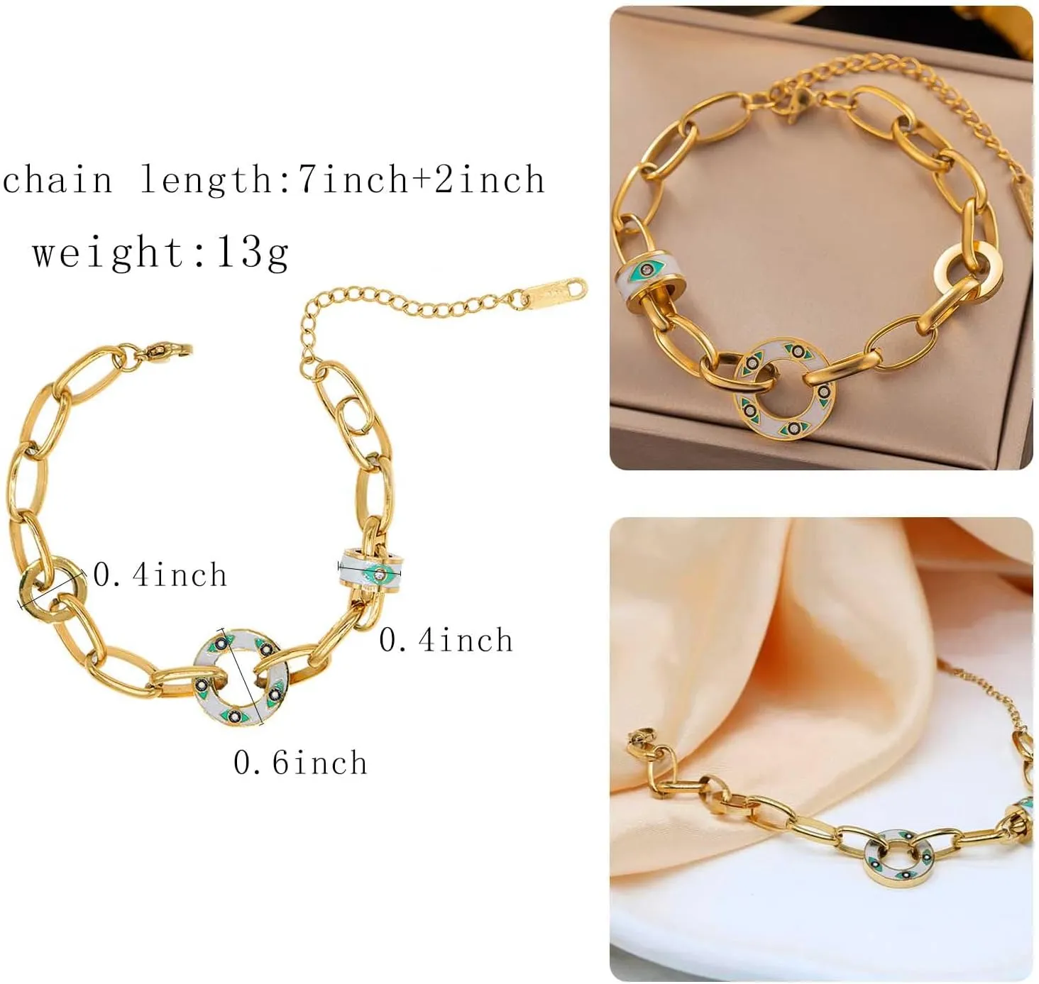 Gold Titanium Steel Chain Bracelets for Women Dainty Crystal Enamel Eyes Palm Charm Lucky Bracelet Adjustable Blessing fashion Jewelry Gifts for Women