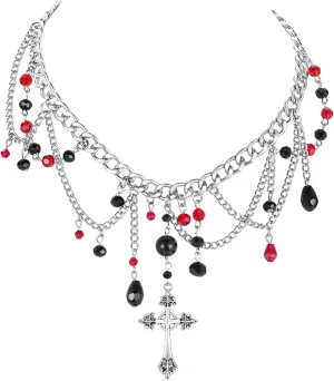 Gothic Cross Necklace, Layered Beaded Cross Necklace for Women, Punk Goth Y2K Choker Necklaces Accessories, Birthday Anniversary Halloween Christmas Goth Jewelry Gift for Women