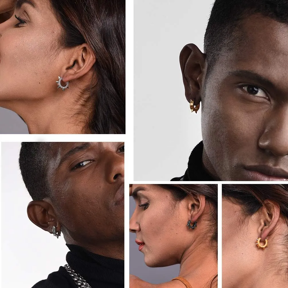 Gothic Spike Huggie Hoop Earrings for Men Cool Guys Punk Piercing JewelrywithBox