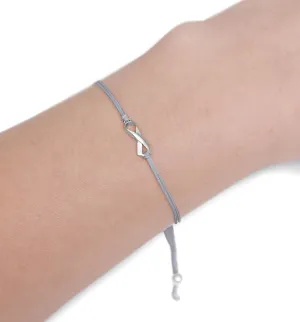 Gray Thread Friendship Support Bracelet, Small Handmade Sterling Silver Ribbon Shaped Charm. Aware for Brain Tumor Cancer, Parkinson's, Aphasia. Grey Adjustable Pull Cord
