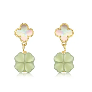 Green Natural Jade Earrings, Four Leaf Clover Jade Earrings for Women, Jade Jewelry for Women Lucky Gifts for Girls Women (925 Sterling Silver with Gold Plated)