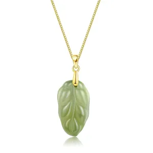 Green Natural Jade Necklace, Leaf Shape Jade Pendant for Women, Jade Jewelry for Women Lucky Gifts for Girls Women (925 Sterling Silver with Gold Plated)