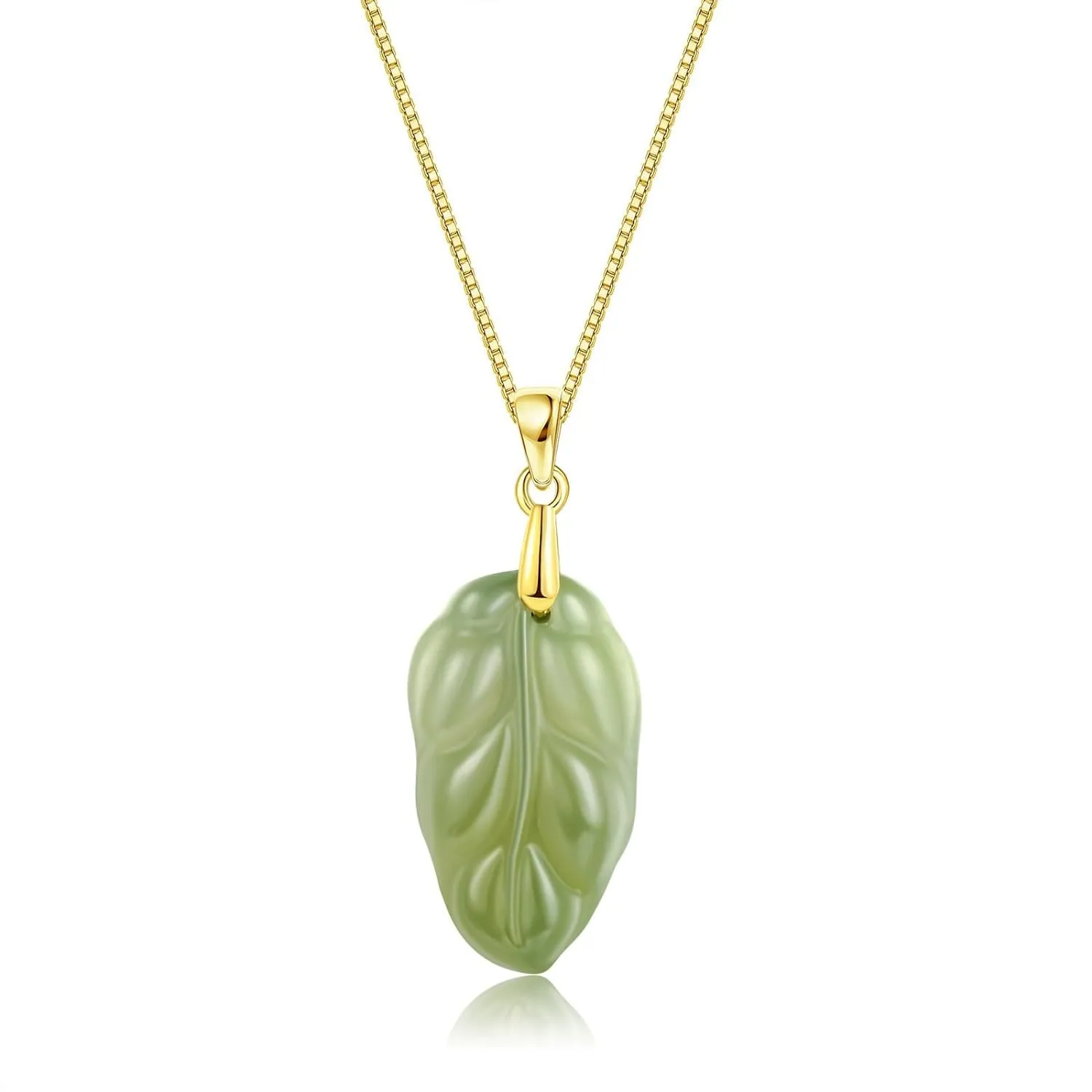 Green Natural Jade Necklace, Leaf Shape Jade Pendant for Women, Jade Jewelry for Women Lucky Gifts for Girls Women (925 Sterling Silver with Gold Plated)