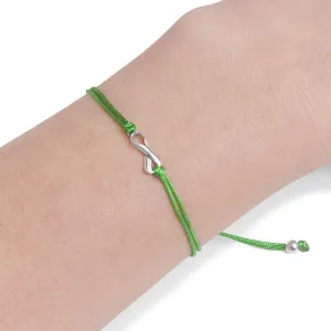 Green Thread Friendship Support Bracelet, Handmade Small Sterling Silver Ribbon Shaped Charm. Aware for Brain Injury, Liver Cancer, Organ Donate Life, Kidney Disease, Scoliosis. Adjustable