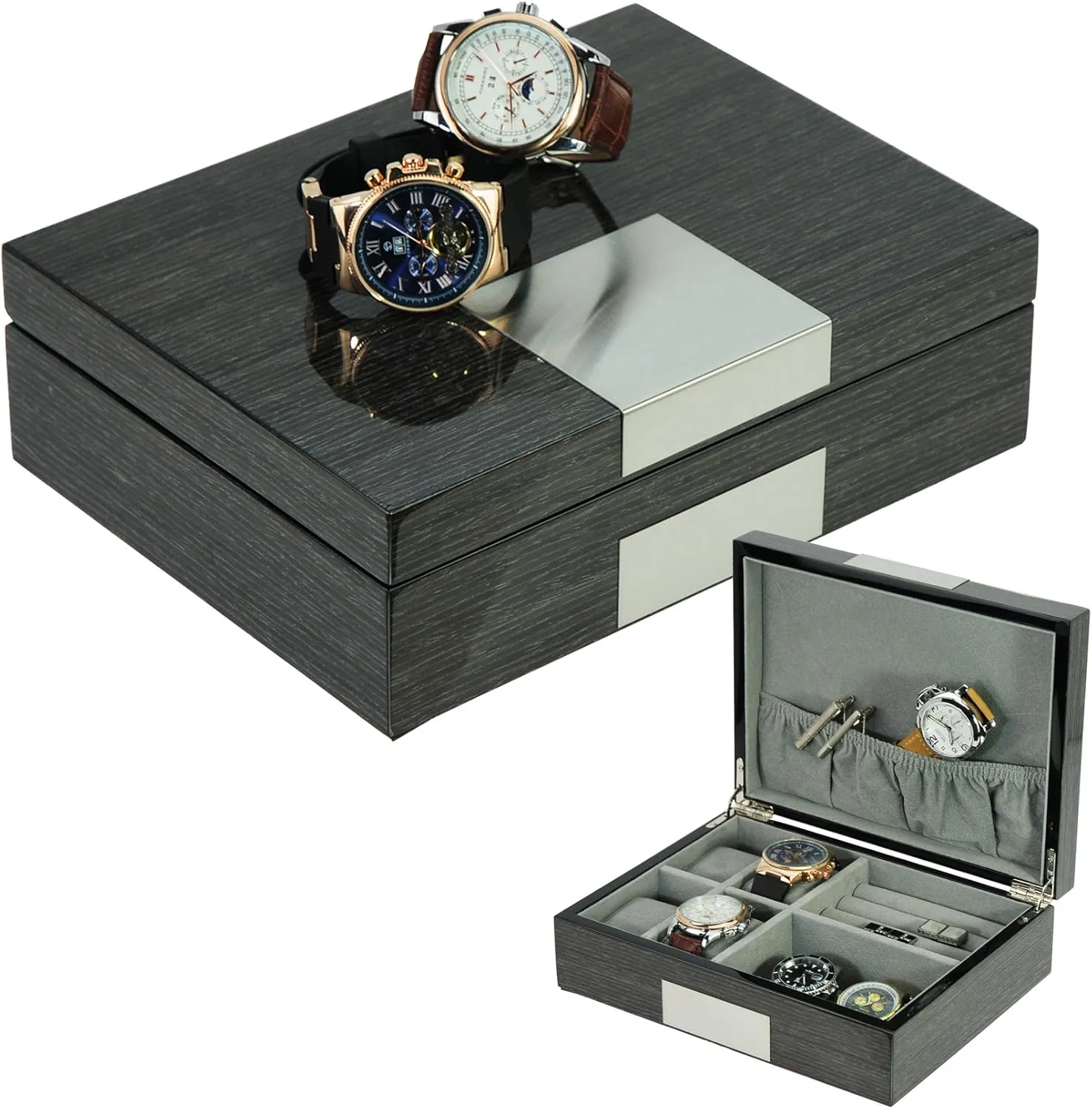 Grey Ginko Lacquered Wood Watch Cufflink Case & Ring Storage Organizer Men's Jewelry Box Father's Day