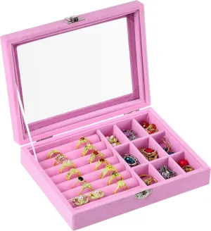 habgp Velvet Jewelry Box Ring Holder for Women, Pink Earring Display Storage Showcase with Clear Lid, Rings Earrings Studs Holder Organizer Box Tray Case for Her Girls Mom Wife Women