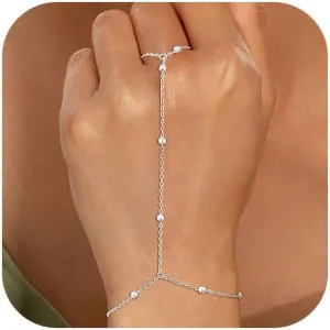 Hand Chain Bracelet Ring Bracelet Hand Chain Dainty 14K Gold Hand Charm Stack Beaded Chain Bracelets Non Tranish Trendy Finger Ring Hand Chain Jewelry Gift for Women