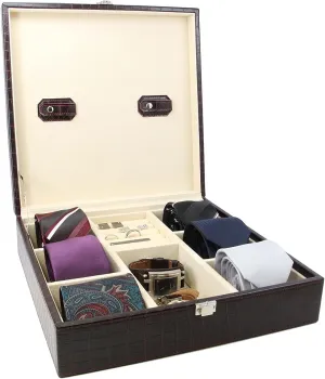 Handcrafted Crocodile Leather Tie Box and Cufflink Storage Box for Men  Seal Brown