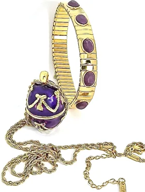 HANDMADE 24k Amethyst Purple Faberg Egg Jewelry Faberge NECKLACE & BRACELET Mother's Day Russian Easter Egg Pendant Necklace Locket gift for Mother inlaw Birthday gift idea Anniversary Ladies Present