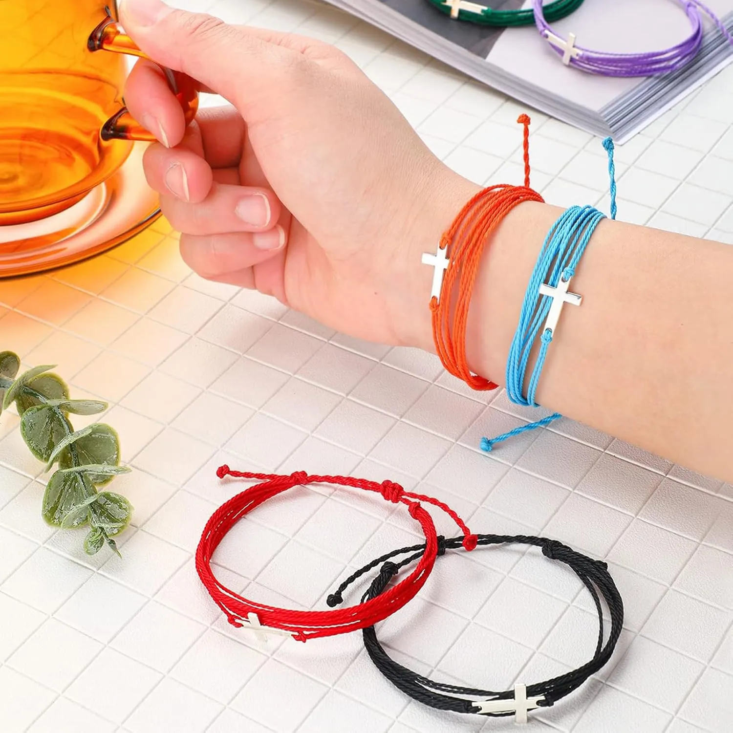 Handmade Cross Colorful Adjustable Braided String Bracelets Friendship Couple Tiny Sideways Cross Rope Bangle for Women Men Lucky Protection Jewerly