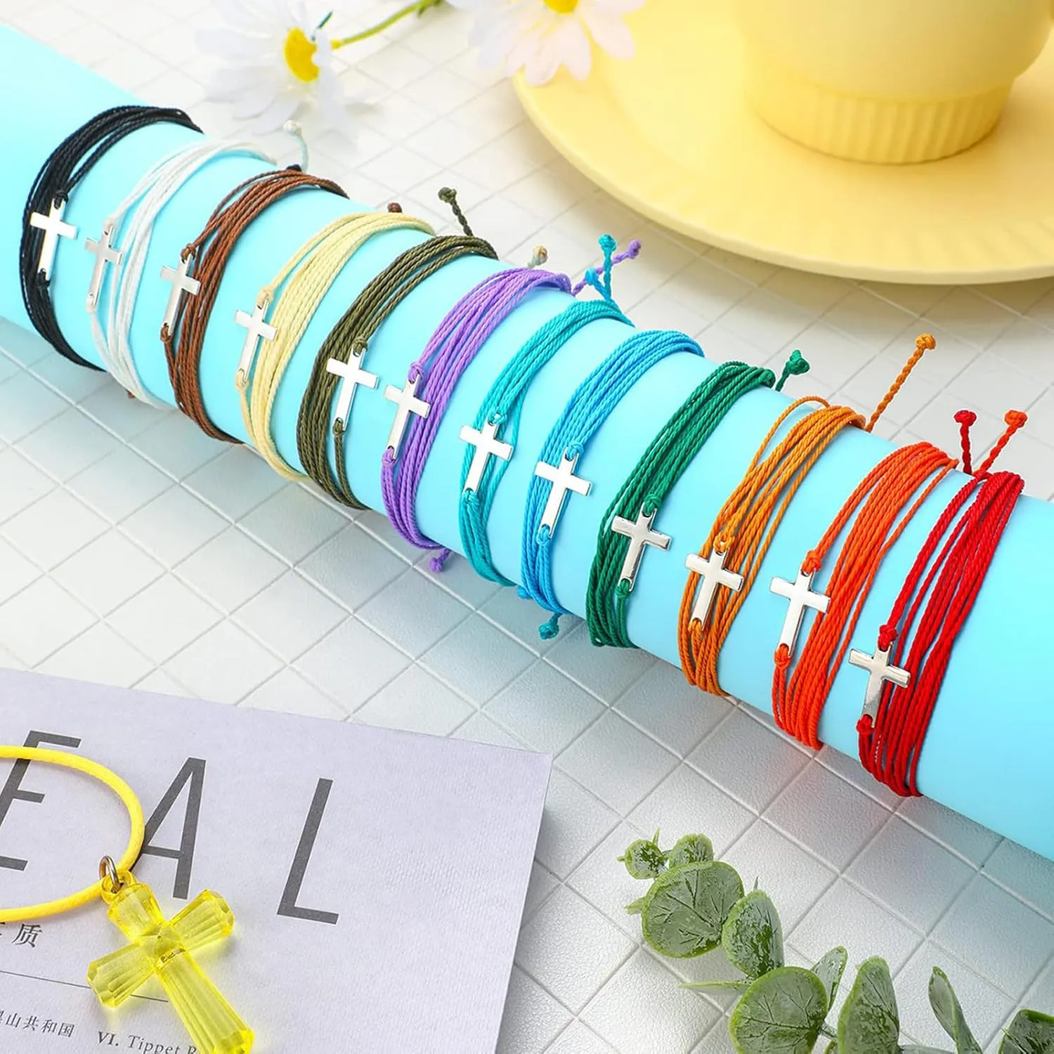 Handmade Cross Colorful Adjustable Braided String Bracelets Friendship Couple Tiny Sideways Cross Rope Bangle for Women Men Lucky Protection Jewerly