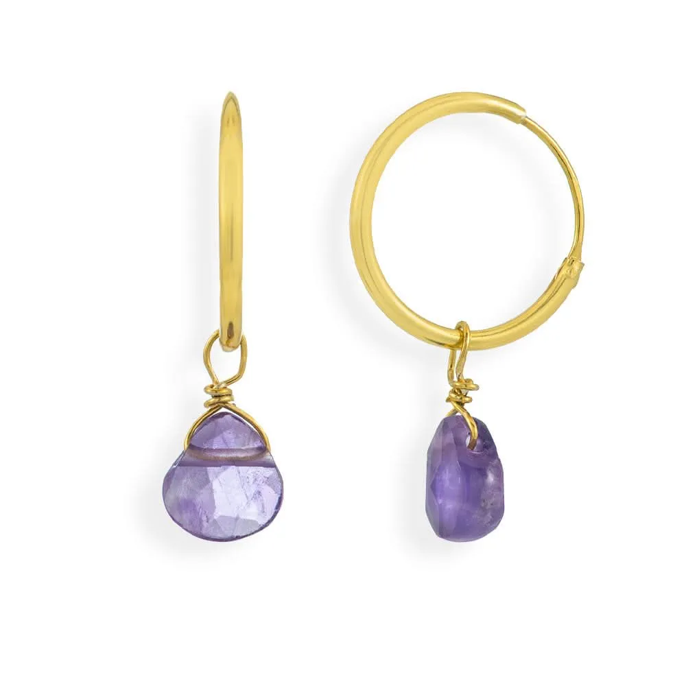 Handmade Gold Plated Silver Hoop Earrings With Amethyst