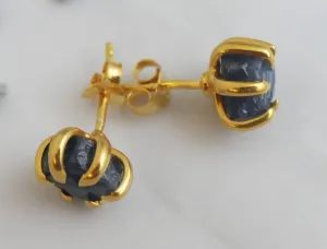 Handmade Large 6-8mm Raw Sapphire Gold Plated Sterling Silver Stud Earrings - Natural Gem Gemstone - Birthday Jewelry Gift Ideas for Women - September Birthstone (yellow-gold-plated-silver)
