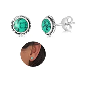 Handmade Turquoise Gemstone Round 7mm Stud Earrings, 925 Sterling Silver Circle Boho Studs for Women, Cartilage Earrings, Tarnish & Water Resistant, By Miya Jewelry Creations