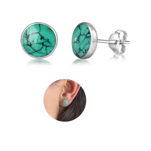 Handmade Turquoise Gemstone Round 8mm Stud Earrings, 925 Sterling Silver Circle Studs for Women, Cartilage Earring, Tarnish & Water Resistant, By Miya Jewelry Creations