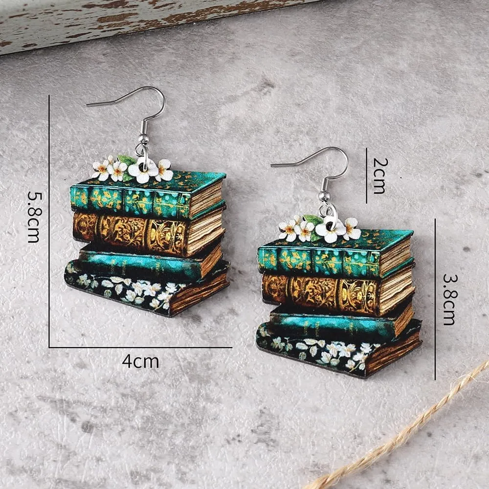 Handmade Wooden Stackable Book Dangle Earrings Lightweight Teacher Student Stack of Books Reading Earrings for Women Librarian Teachers Appreciation Day Gifts Graduation Back to School Jewelry