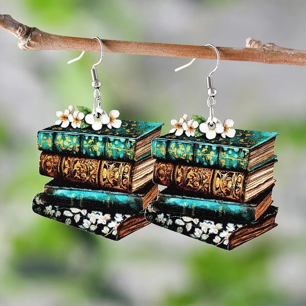 Handmade Wooden Stackable Book Dangle Earrings Lightweight Teacher Student Stack of Books Reading Earrings for Women Librarian Teachers Appreciation Day Gifts Graduation Back to School Jewelry
