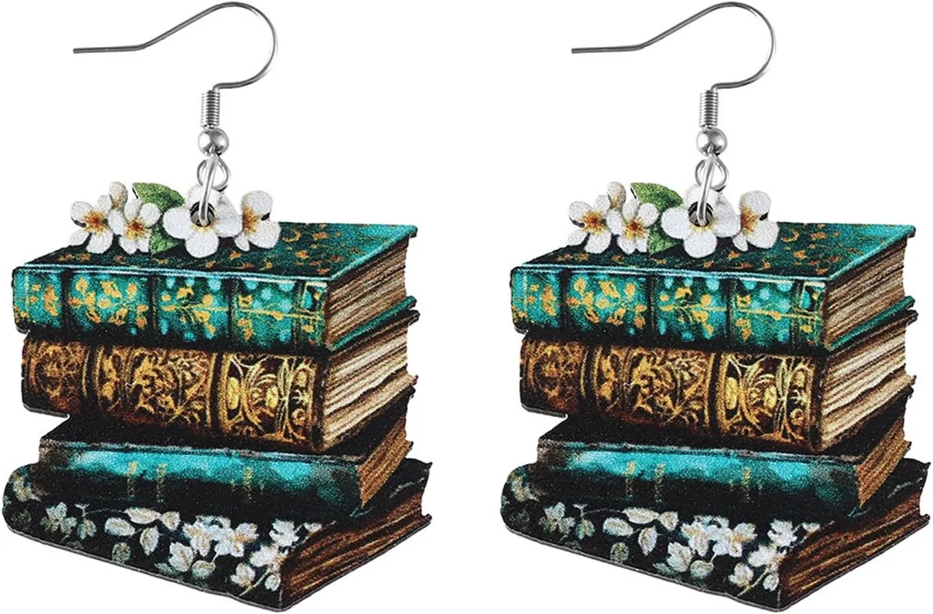 Handmade Wooden Stackable Book Dangle Earrings Lightweight Teacher Student Stack of Books Reading Earrings for Women Librarian Teachers Appreciation Day Gifts Graduation Back to School Jewelry