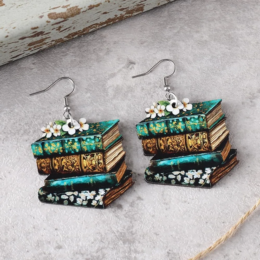 Handmade Wooden Stackable Book Dangle Earrings Lightweight Teacher Student Stack of Books Reading Earrings for Women Librarian Teachers Appreciation Day Gifts Graduation Back to School Jewelry