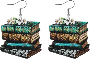 Handmade Wooden Stackable Book Dangle Earrings Lightweight Teacher Student Stack of Books Reading Earrings for Women Librarian Teachers Appreciation Day Gifts Graduation Back to School Jewelry