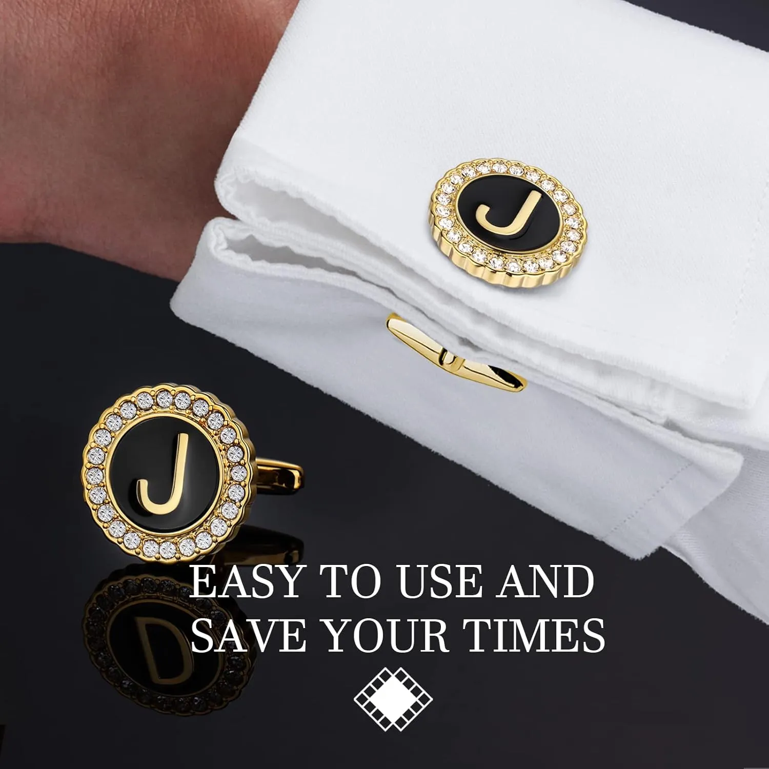 HAWSON 18K Gold Tone Initial Cufflinks for Men with Tuxedo Studs - Gift Boxed, Stylish Men's Jewelry Accessories for Weddings, Birthdays, Anniversaries, Father's Day