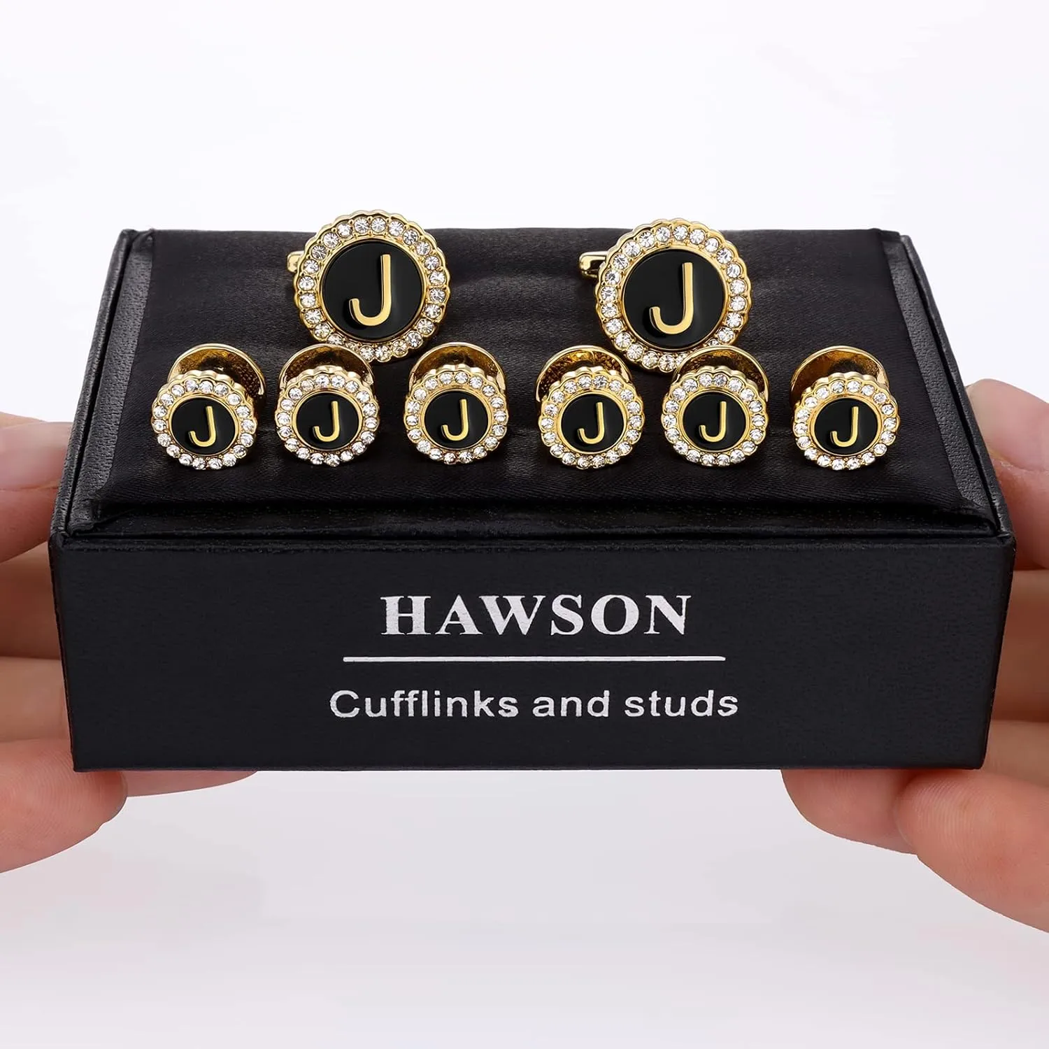 HAWSON 18K Gold Tone Initial Cufflinks for Men with Tuxedo Studs - Gift Boxed, Stylish Men's Jewelry Accessories for Weddings, Birthdays, Anniversaries, Father's Day