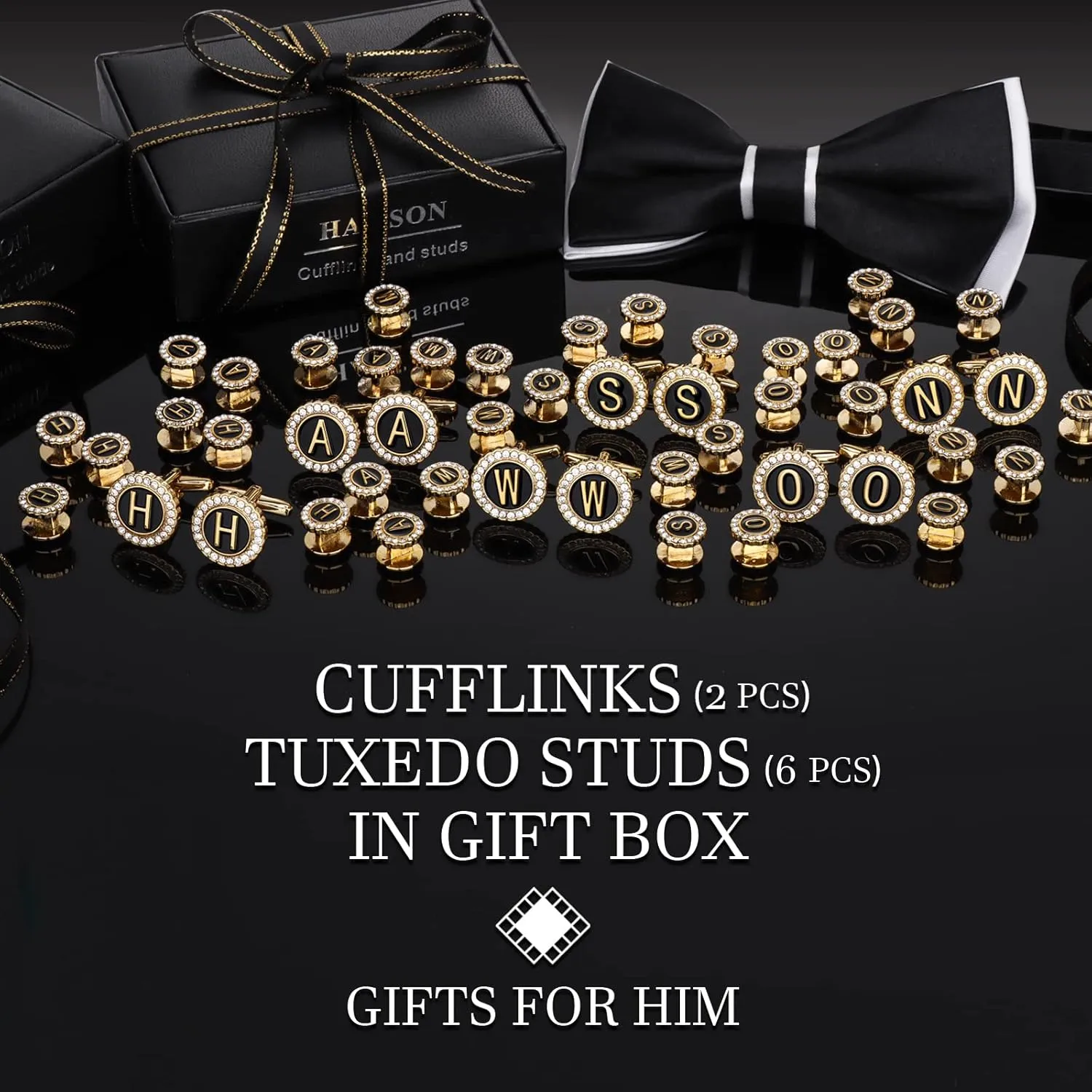 HAWSON 18K Gold Tone Initial Cufflinks for Men with Tuxedo Studs - Gift Boxed, Stylish Men's Jewelry Accessories for Weddings, Birthdays, Anniversaries, Father's Day