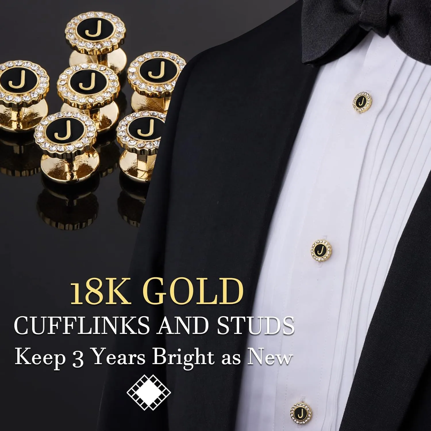 HAWSON 18K Gold Tone Initial Cufflinks for Men with Tuxedo Studs - Gift Boxed, Stylish Men's Jewelry Accessories for Weddings, Birthdays, Anniversaries, Father's Day