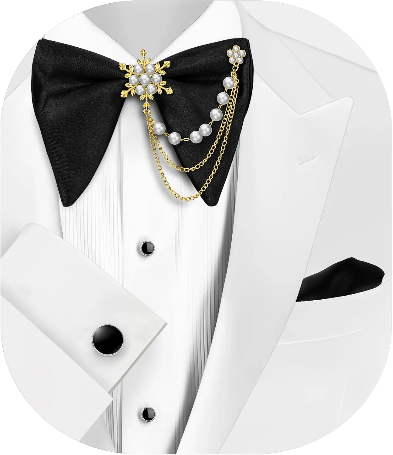 HAWSON Black Bow Ties Pocket Square Set with Cufflinks and Studs,Men's Adjustable Pre-Tied Silk Tuxedo Bow tie for Wedding.
