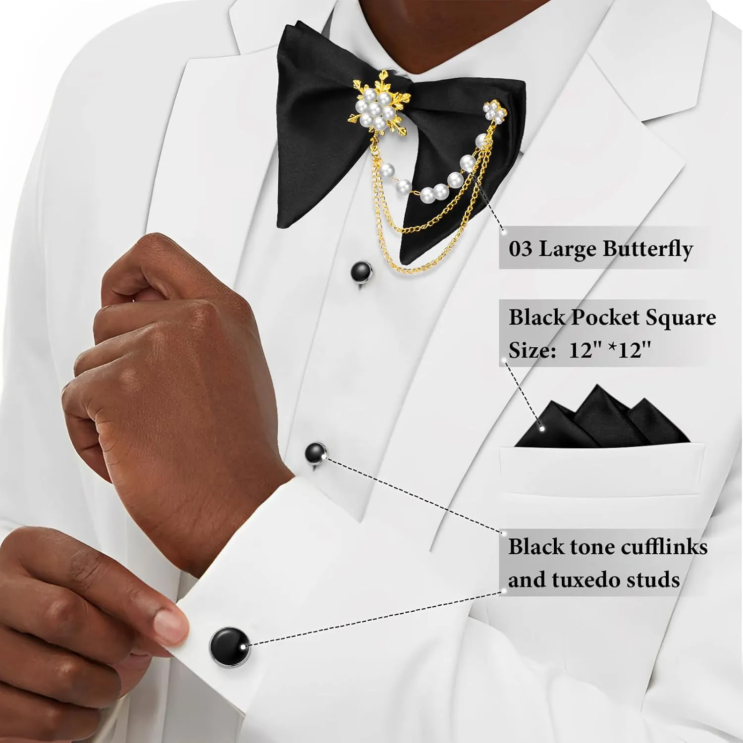 HAWSON Black Bow Ties Pocket Square Set with Cufflinks and Studs,Men's Adjustable Pre-Tied Silk Tuxedo Bow tie for Wedding.