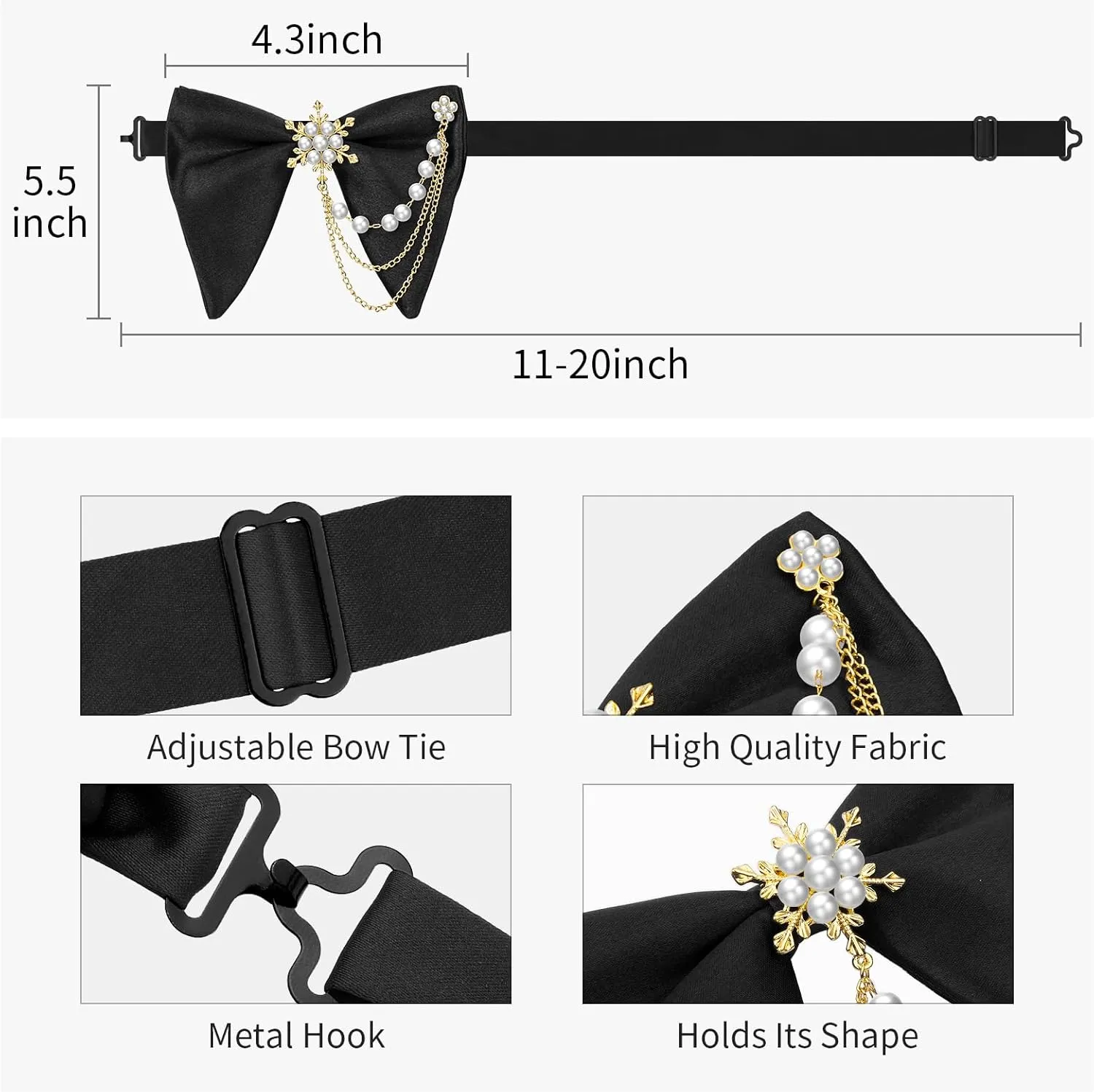 HAWSON Black Bow Ties Pocket Square Set with Cufflinks and Studs,Men's Adjustable Pre-Tied Silk Tuxedo Bow tie for Wedding.