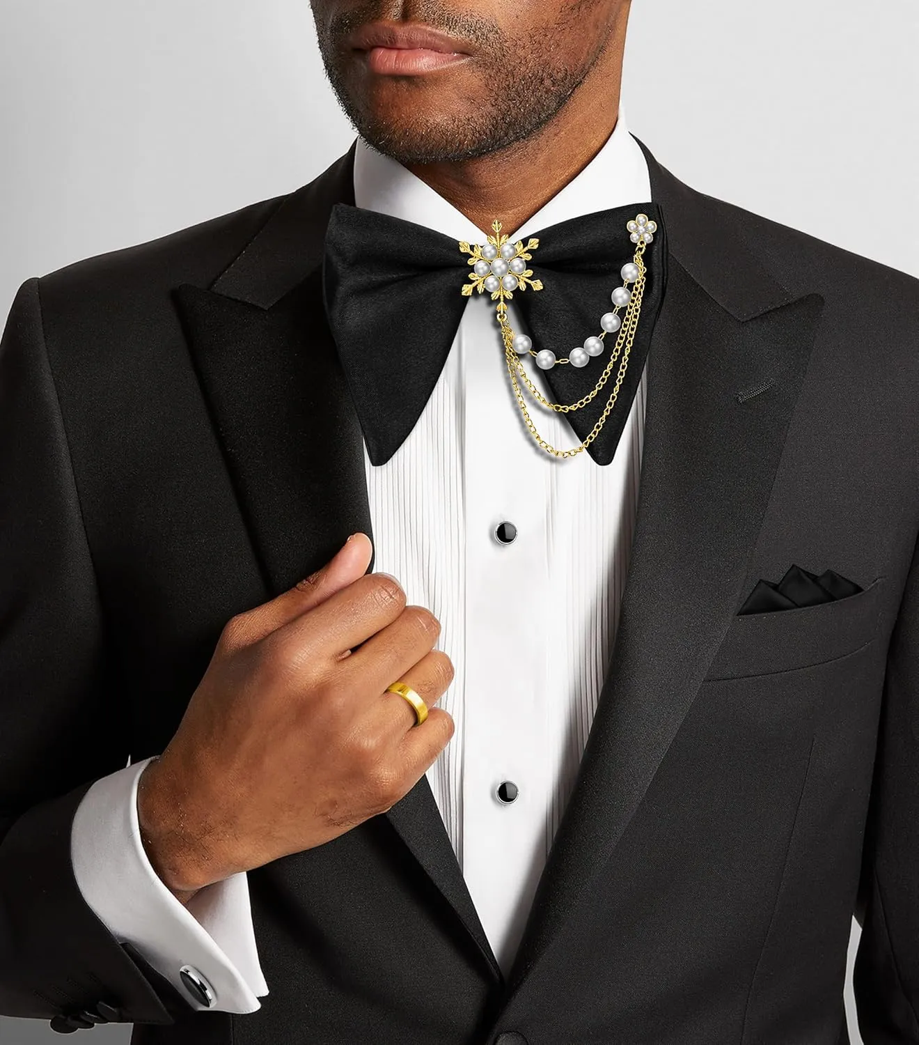 HAWSON Black Bow Ties Pocket Square Set with Cufflinks and Studs,Men's Adjustable Pre-Tied Silk Tuxedo Bow tie for Wedding.