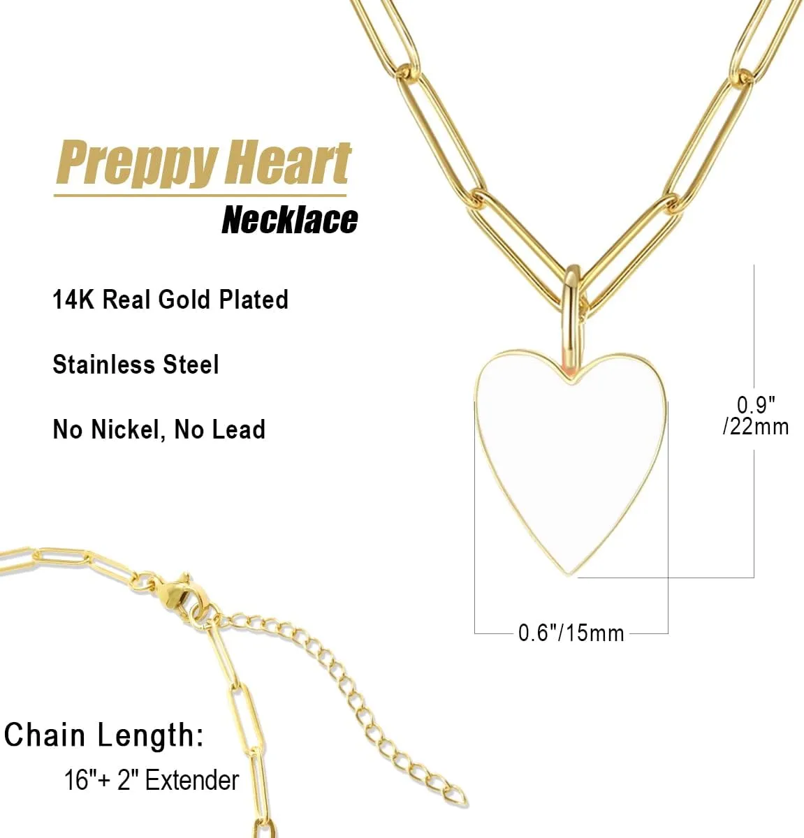 Heart Necklace for Women,Preppy Jewelry Dainty Paperclip Chain Necklace for Women,Cute Pink Heart Preppy Necklaces 16 2 Inches