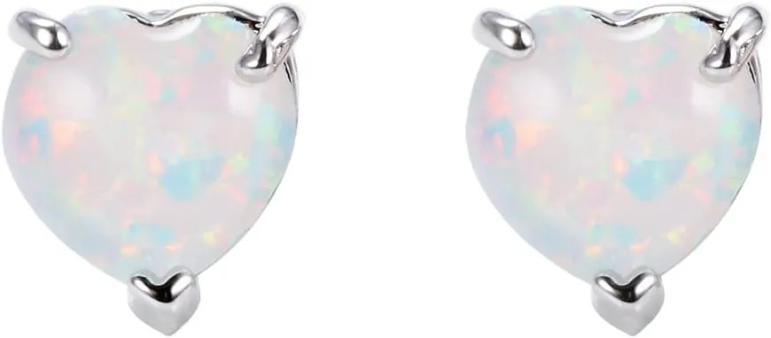 Heart Shape Created Opal Stud Earrings for Women Girls White Gold Plated Small Cartilage Tragus Piercing Sleeper Earring Minimalist Jewelry Christmas Gifts Hypoallergenic (Silver White Opal)