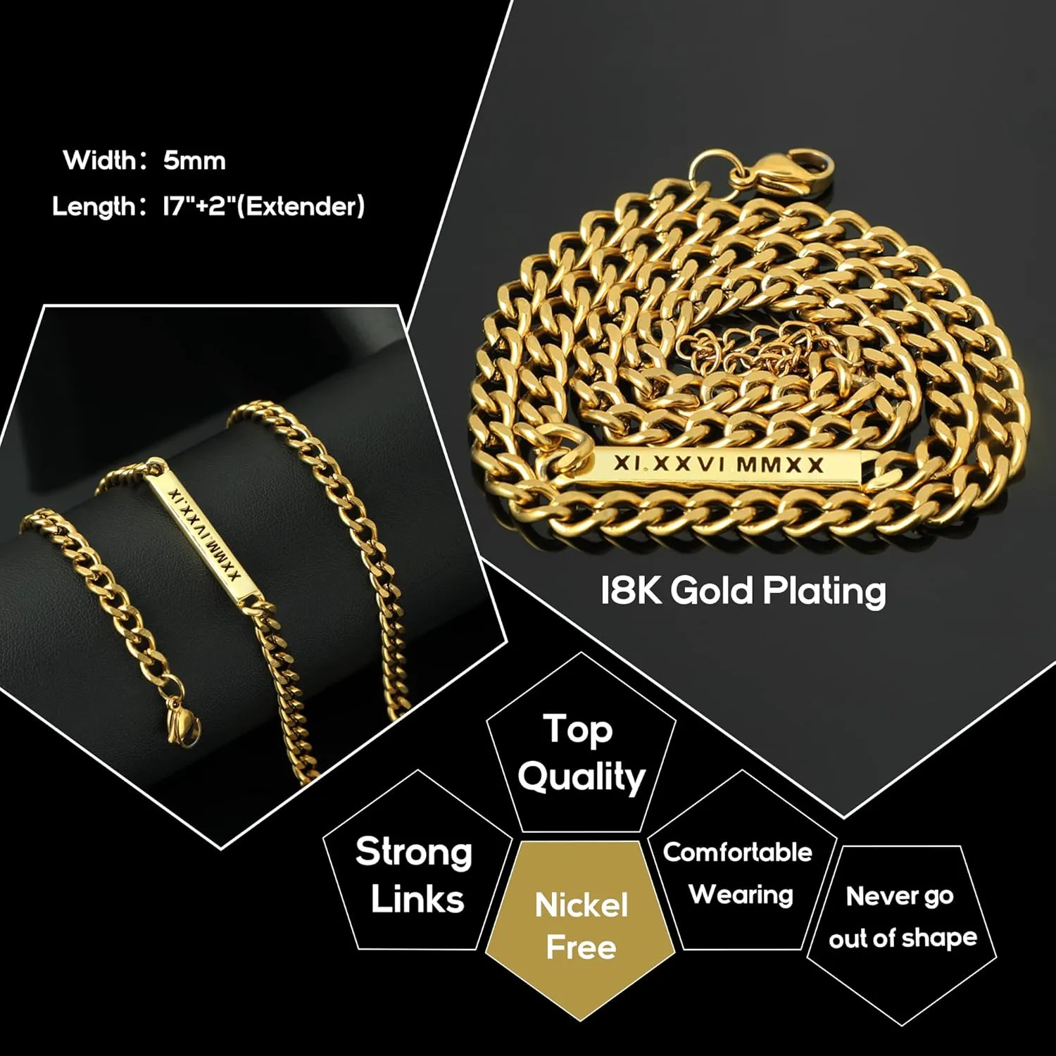 HELLOICE Custom Name Necklace 5mm Cuban Chain Link Personalized Openwork Engraved 18K Gold Plated Stainless Steel Cuban Chain ID Necklace with 17" 2"(Extender) for Men and Women