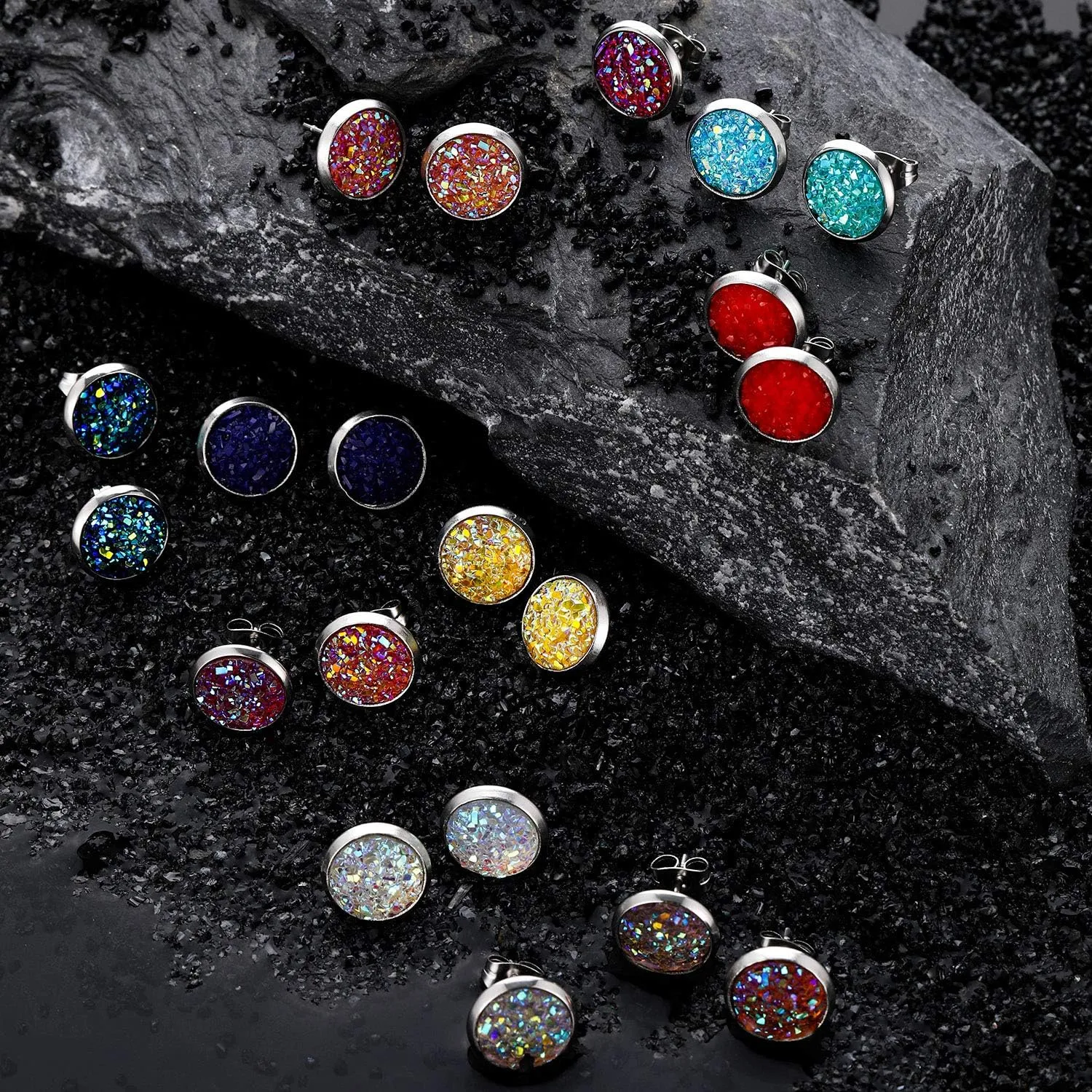 Hicarer 32 Pairs Round Druzy Stud Earrings Bohemian Round Stud Stainless Steel Pierced Earrings Jewelry for Women Mother's Day Gift