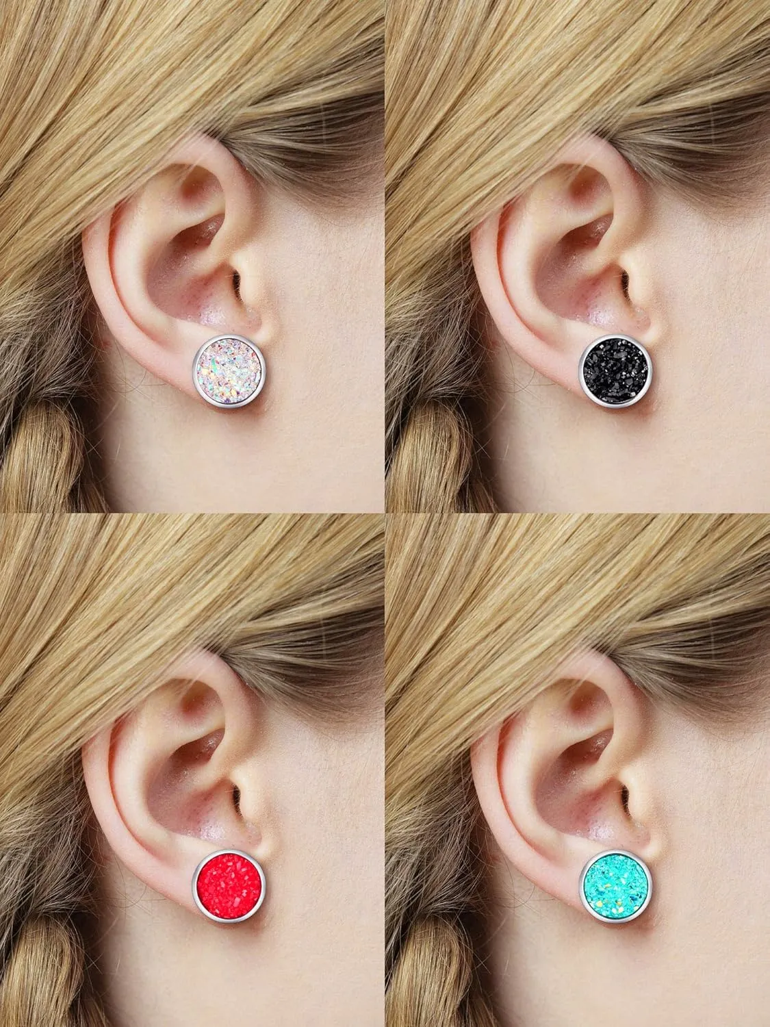 Hicarer 32 Pairs Round Druzy Stud Earrings Bohemian Round Stud Stainless Steel Pierced Earrings Jewelry for Women Mother's Day Gift