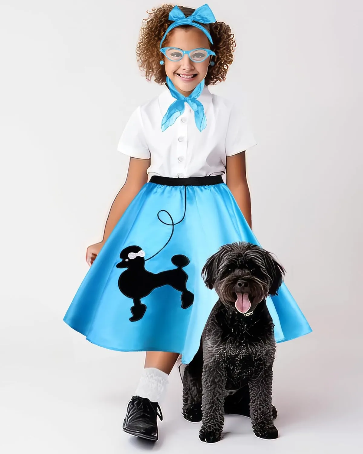 Hicarer 5 Pcs 50s Girl Costume 1950s Poodle Skirt Outfit Sock Hop Kid Scarf Eyeglasses Bandana Headband Earring Halloween